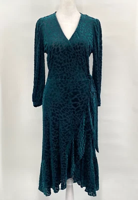 Calvin Klein Faux Wrap Midi Dress Sz 4 Emerald Green Velvet Burnout Witchy Goth - Image 1 of 4
