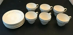 WEDGWOOD QUEENSWARE EMBOSSED CREAM ON CREAM TEA CUP & SAUCER SET (12) - Picture 1 of 5