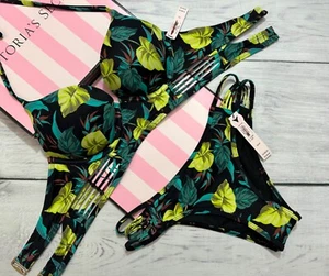 Victoria's Secret Swim Bombshell Push-Up Longline Bikini Strappy Bottom Leaves - Picture 1 of 7