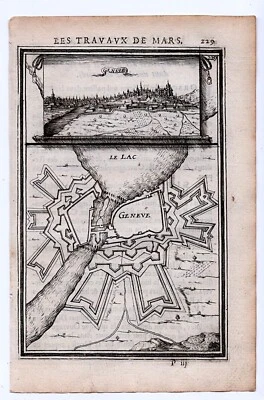 1671 Manesson Mallet Antique Print, View, Fort Map Plan, Geneva, Switzerland Foto 1 de 2