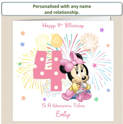 Personalised 4th Birthday Card Minnie Mouse Daughter Granddaughter Niece Sister - Image 1 of 4