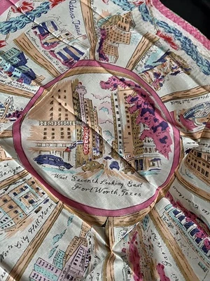 Vtg 50s TEXAS Souvenir Scarf FORT WORTH El Paso+ Silk Feel MCM Wagon Wheel - Image 1 of 4