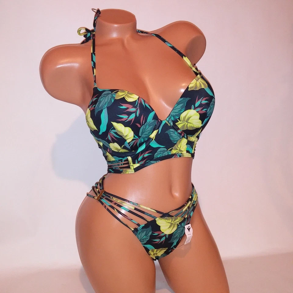 Bikini de natación Victoria Secret 32D Top XS inferior bomba push up negro verde nuevo Foto 1 de 4