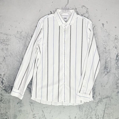 Camisa de Vestir Zara - Blanca con Rayas Verticales Azules - Talla XL Calce Súper Ajustado Foto 1 de 4