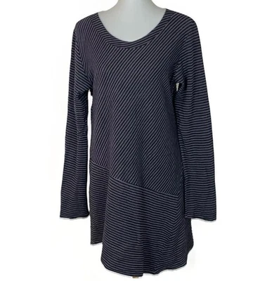 Top túnica Lisa Bayne talla grande púrpura negro a rayas mezcla de algodón tejido Lagenlook Foto 1 de 4