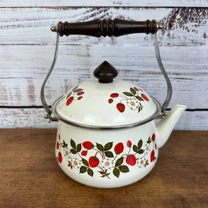 Vintage Sheffield Strawberries 'N Cream Porzellan Emaille Teekanne Wasserkocher 80er Deckel - Bild 1 von 11