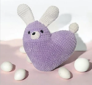 Purple Crochet Heart Shaped Purple Bunny White Ears Plush Pillow Toy - Picture 1 of 18