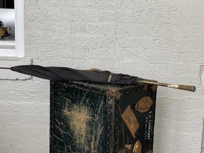 Antigua sombrilla eduardiana c1900 madreperla mango dorado dosel de seda París Fr Foto 1 de 4