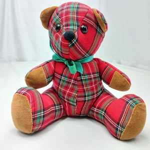 Vintage 1984 Dakin rot & grün karierter Teddybär mit Schleife - Bild 1 von 12