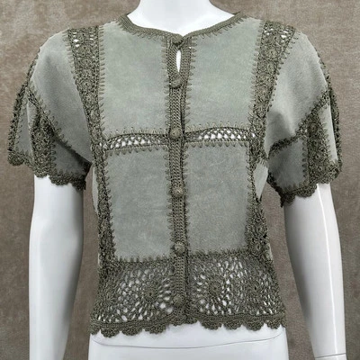 Scully Jacket Womens 8 Green 100% Leather Crochet Lace Boho Country Cottage - Image 1 of 4