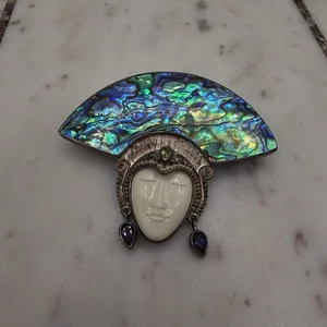 Vintage Sajen 925 Sterling Silver Abalone Face Pin Brooch Amethyst Peridot Bali - Picture 1 of 11