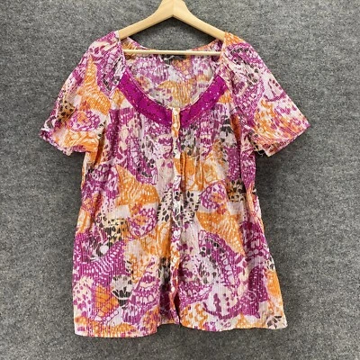 Essentials Top Women 1X Plus Purple Geometric Button Up Short Sleeve Cotton - Image 1 of 4