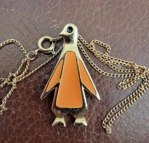 VINTAGE SIGNED LIN ENAMEL PENGUIN 16” GOLD TONE Orange NECKLACE - Picture 1 of 7