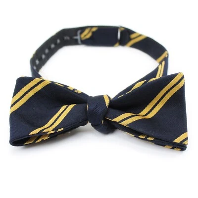 Pajarita de mariposa ajustable vintage azul marino/dorado a rayas de seda Foto 1 de 4