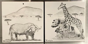 Coppia di piastrelle ceramica vintage 6" Somany Pilkington KENYA, giraffa e bufalo africano - Foto 1 di 5