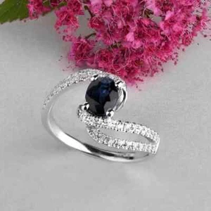 2.50CT Lab Created Oval Blue Sapphire Diamond Women's Ring 14K White Gold Plated - Picture 1 of 14