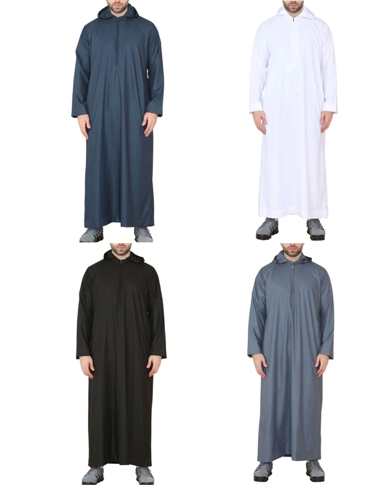 Hombre con Capucha Thobe Jubba Saudi Islámico Árabe Musulmán Eid Caftán Bata - Imagen 1 de 1
