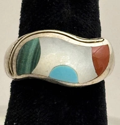 Anillo Asch Grossbardt 925/18K MOP/Turquesa/Malaquita/Coral Incrustación Talla 6 Foto 1 de 4