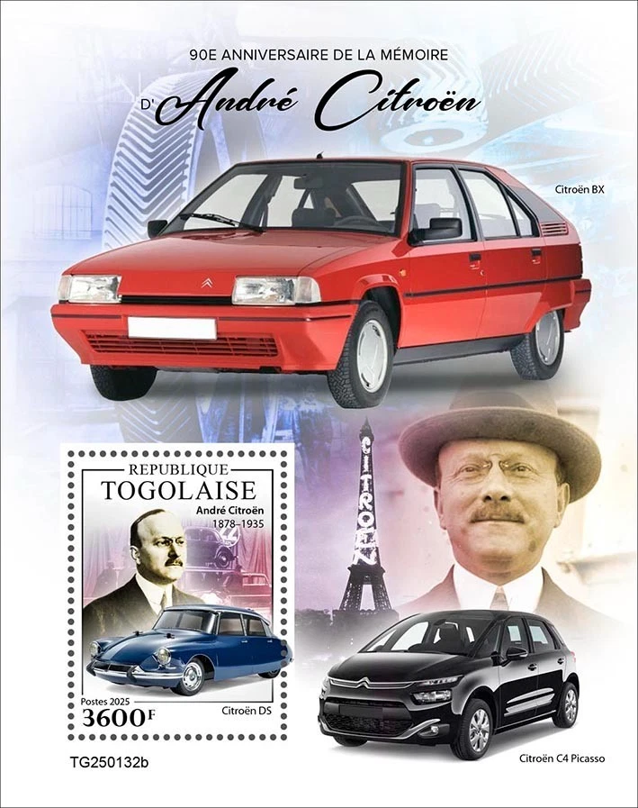 André Citroën 90th Memorial Anniversary Cars MNH Stamps 2025 Togo S/S - Image 1 of 1