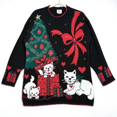 Suéter Vintage Navidad Mujer Mediano Gatos Gatitos Árbol Regalos Arco EE. UU. Túnica Foto 1 de 4