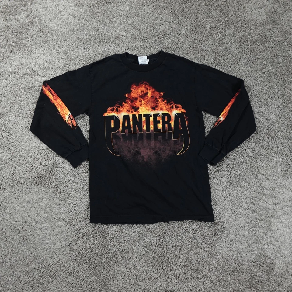 Camisa Pantera De Colección Para Hombres Pequeña Manga Larga Llamas Gráfico Y2K Logo Spellout Foto 1 de 4