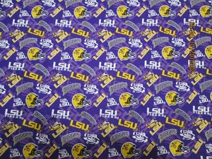  LOUISIANA STATE ( LSU ) TIGERS NEW SPORT DESIGN 1/2 YD 100% COTTON PURPLE,GOLD - Picture 1 of 6