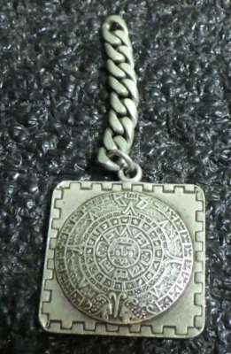 Vintage old sterling silver watch fob key chain cool silver Aztec Mayan calendar - Image 1 of 2