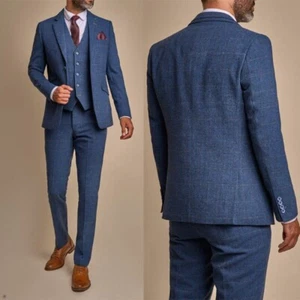 Men's Herringbone Suits 3 Pieces Slim Single Breasted Wedding Groom Suits Tailor - Picture 1 of 11