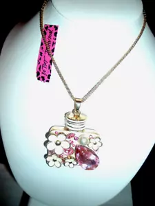Betsey Johnson Pink White 3D Flower Crystal Designer Perfume Bottle Necklace - Picture 1 of 4