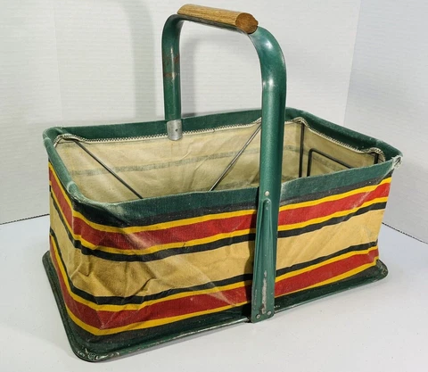 Vintage FOLD-AWAY fabric Metal frame SHOPPING BASKET Mid Century Modern USA Cover