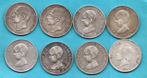 8 MONETE SPAGNOLE IN ARGENTO DA 5 PESETAS, 1882 - 1894. ALFONSO XII & XIII. LOTTO LAVORO SPAGNA - Foto 1 di 2