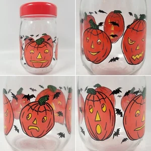 Vintage Halloween Jack O Laternen Fledermäuse 7" Glas Vorratsglas Behälter + Deckel Frankreich - Bild 1 von 12