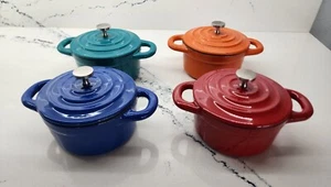 Lot 4 Cook's Essentials Enameled Cast Iron Mini 10oz Casserole Red Blue Orange  - Picture 1 of 3