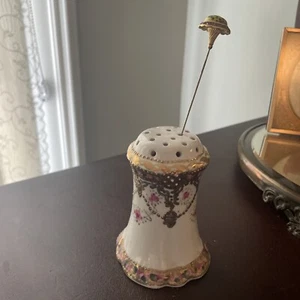Antique Hand Painted Porcelain Nippon Hat Pin Holder Gold Gilt + 1 Deco Hat Pin - Picture 1 of 11