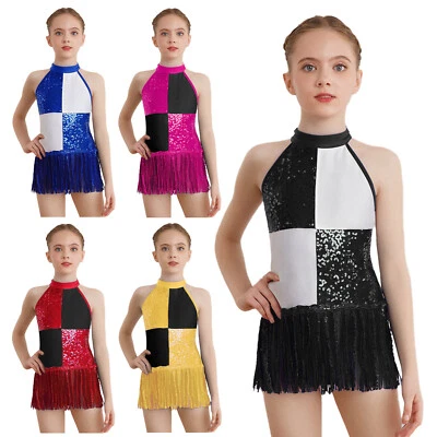 Kids Girls Dancewear Fringed Dress Shiny Leotard Samba Bodysuit Ballroom Latin - Image 1 of 4