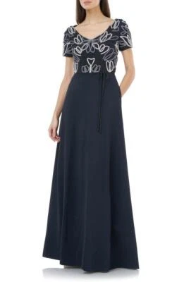 JS COLLECTIONS 10 Navy Chain Mail Soutache Embroidered Gown NWT $358 - Image 1 of 4