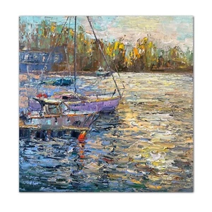 landscape Morning seascape art Impressionist style painting marine artwork Boat - Picture 1 of 5