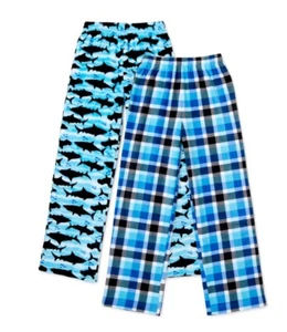 NWT 2-Pack Boys 10-12 L Fleece Pajama Pants Shark BLUE plaid WARM soft Pajamas - Picture 1 of 2