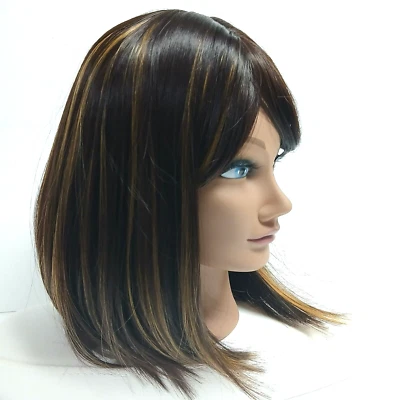 Synthetic 12 Inch Brown Highlight Straight Short Bob with Bangs Wig S/M Cap - Imagem 1 de 4