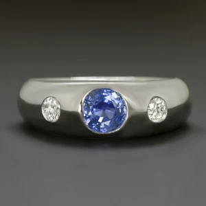 SAPPHIRE DIAMOND 3 STONE RING 18k WHITE GOLD COCKTAIL FLUSH SET SLEEK NATURAL - Picture 1 of 1