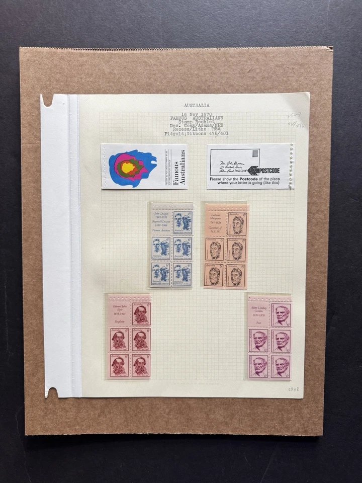 Paneles de folleto Australia 1970 en página de exposición (SB48) + australianos famosos #454-57 Foto 1 de 1