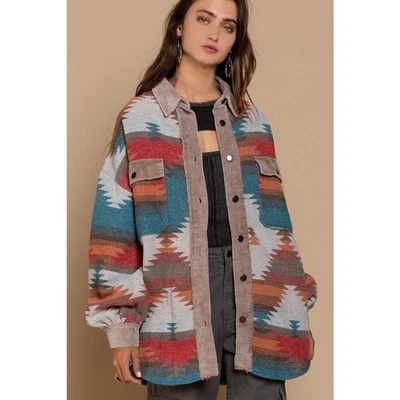 POL Womens Small Aztec Print Corduroy Trim Shacket Jacket Oversized Button Down - Image 1 of 4