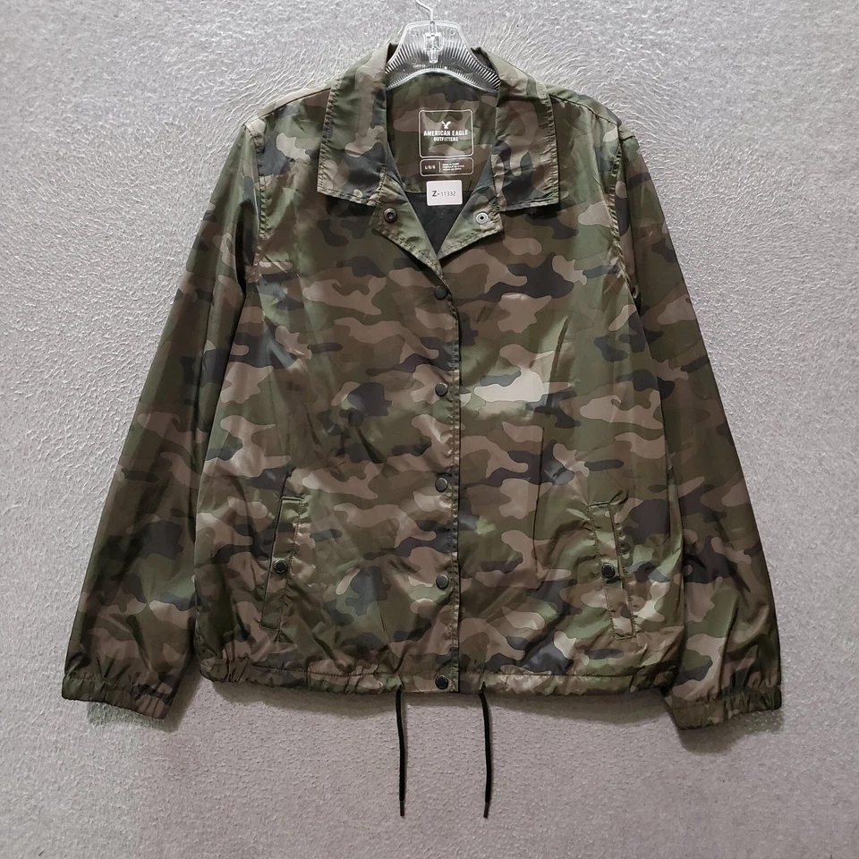 Chaqueta cortavientos American Eagle para mujer grande verde camuflaje cuello a presión bolsillos Foto 1 de 4