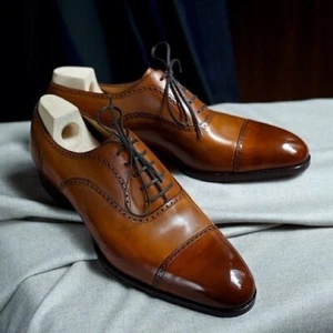 New Men Cognac Brown Premium Leather Cap Toe Oxford Shoes Business Formal Shoes - Picture 1 of 11