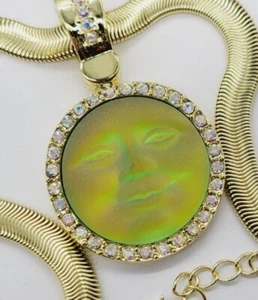 Kirks Folly Glass Seaview Moon Pendant Necklace Set 2pc Gold tone Green Iridis - Picture 1 of 10
