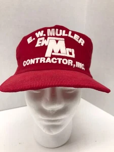 RED CORDUROY HAT CAP EW Muller Contractor USA Made Advertisement SnapBack VTG - Picture 1 of 8
