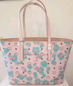 🌸NWT🌸MCM🌸ANYA POWDER PiNK/Turq FLORAL LOGO Leopard Visetos Medium Zip Shopper - Picture 1 of 19