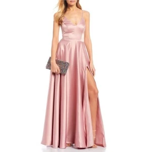 B. Darlin V-Neck Spaghetti Strap Side Slit Satin Ball Gown - Picture 1 of 1