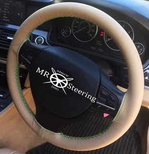 FITS VW GOLF PLUS 2004-08 BEIGE LEATHER STEERING WHEEL COVER GREEN DOUBLE STITCH - Picture 1 of 4