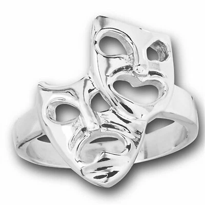 Comedy Tragedy Masks Ring Silver Stainless Steel Actor Drama Theater Band - Image 1 of 2